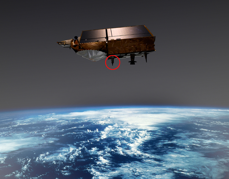 Antenne réceptrice DORIS sur le satellite Cryosat-2. Crédits : ESA/Ill. EOS Medialab.