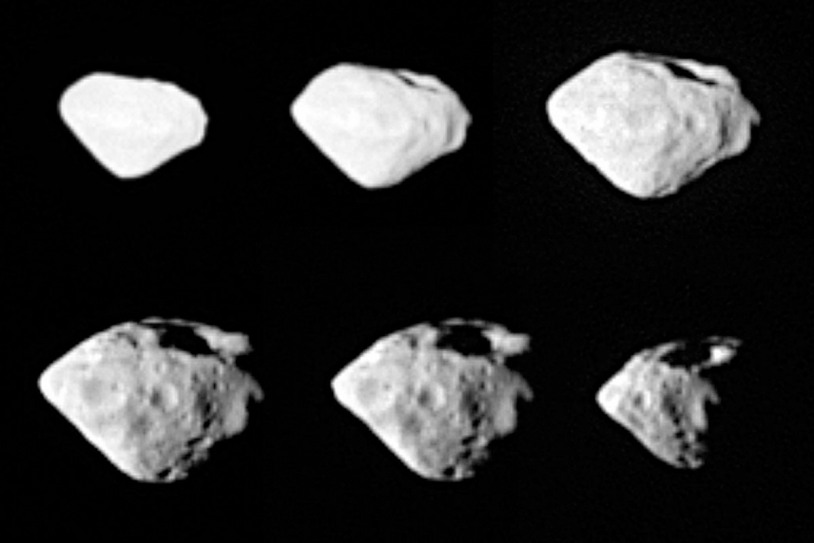 Plusieurs angle de prise de vue de Steins par Rosetta montrent un large cratère de 1,5 km de diamètre. Crédits: ESA ©2008 MPS for OSIRIS Team MPS/UPM/LAM/IAA