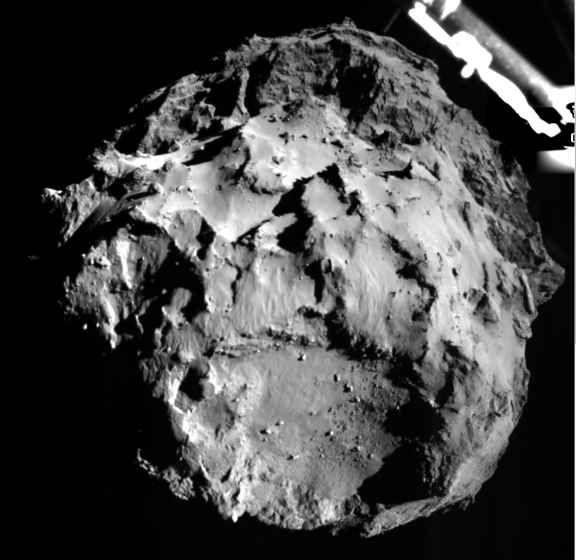 Image de la descente de Philae à 3 km de sa comète ce 12 novembre 2014. Crédits : ESA/Rosetta/Philae/ROLIS/DLR.