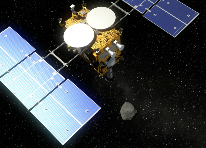 Transportant l’atterrisseur franco-allemand Mascot, la sonde japonaise Hayabusa-2 va rejoindre l’astéroïde 1999 JU grâce à ses 4 moteurs ioniques. Rencontre prévue en 2018. Crédits : DLR